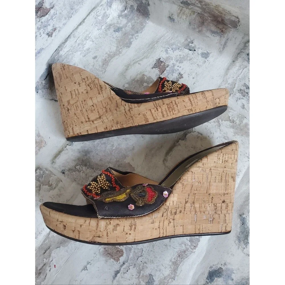 Charles David Women's Embellished Cork Wedge Sandals - Black & Gold, Size 8.5